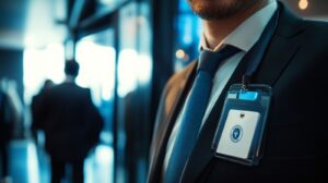 Man in suit with security badge