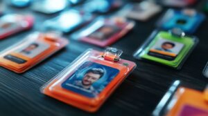 Colourful ID badges on table